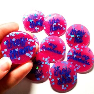 Handmade Pink Glitter Resin Pins with Blue Script